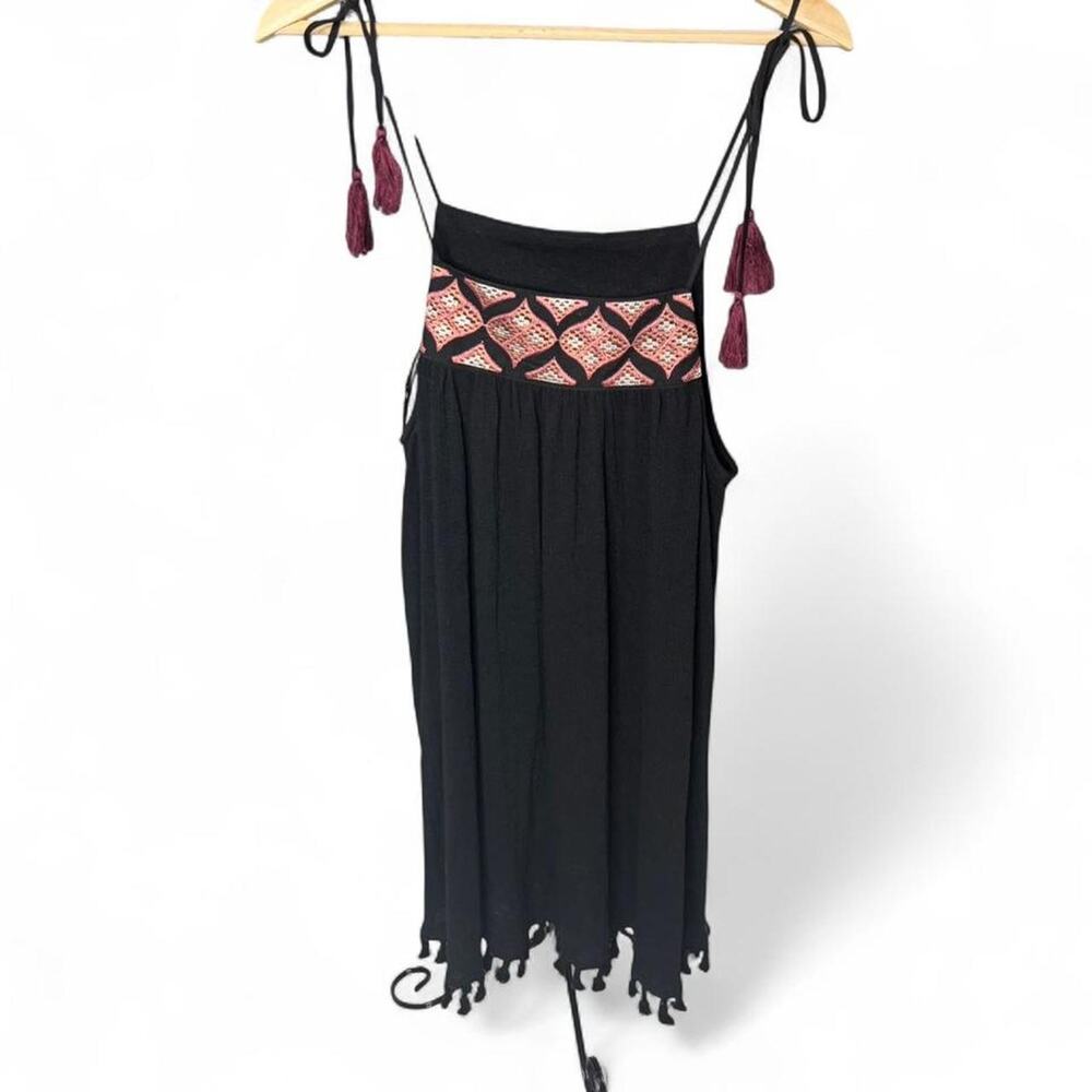 Mystree Black Boho Midi Dress Embroidered Waist Tassel Straps Fringe Hem Size S